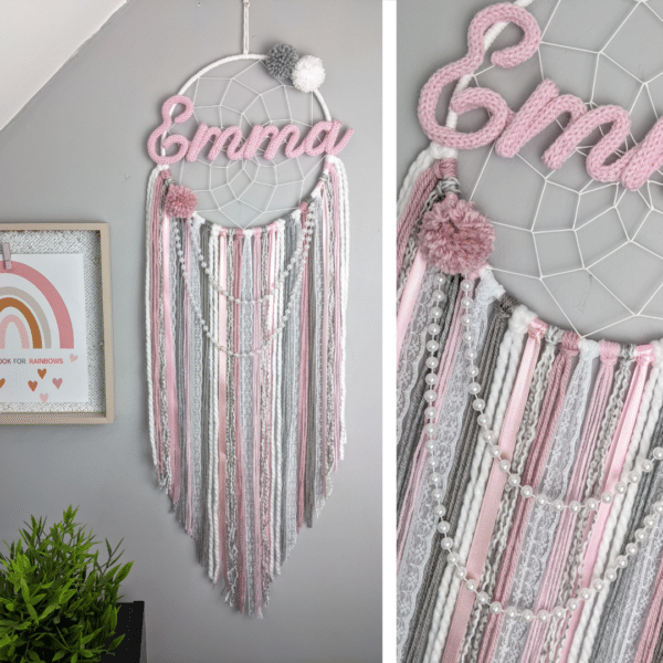 Personalised Dreamcatcher Wall Hanging Nursery Baby Girly Pink Lace Handmade Gift - main product image