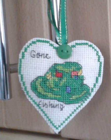 Gone Fishing Hat Cross Stitch Hanging Heart - main product image