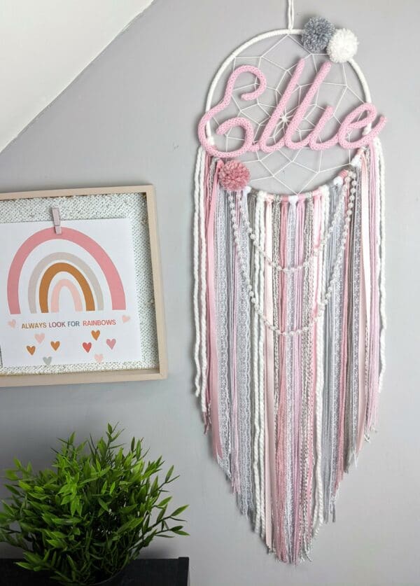 Personalised Dreamcatcher Wall Hanging Nursery Baby Girly Pink Lace Handmade Gift - product image 2
