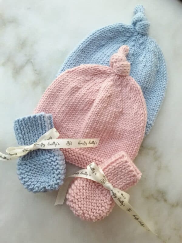 Baby knitted Cashmerino silk SET – topknot hat – & little scratch mittens - product image 2