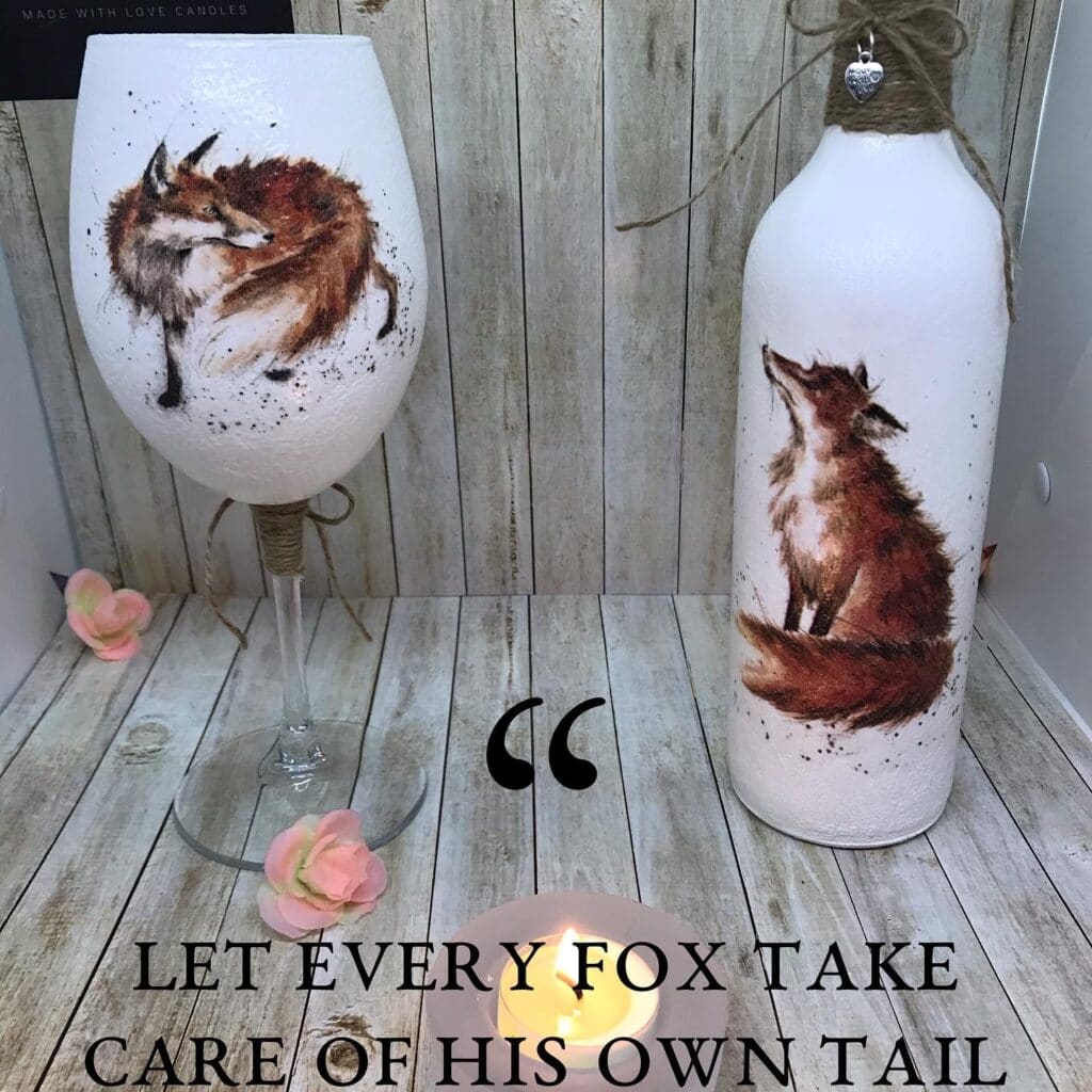 Set of decoupaged wine glass & bottle