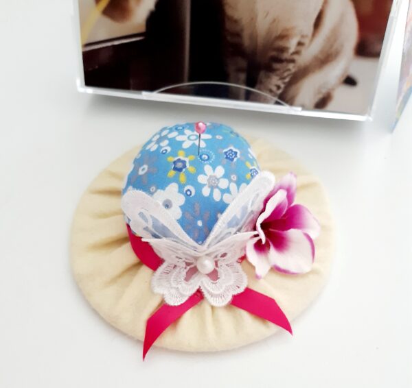 Butterfly flower pincushion hat decoration. - main product image