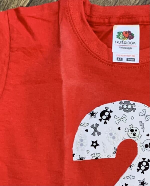 ON SALE Age 2 appliqué birthday t-shirt. Red with Glitter skulls print - product image 2