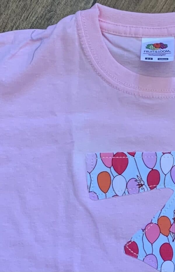 ON SALE Age 3 appliqué birthday t-shirt. Pink with colourful balloons print - product image 2