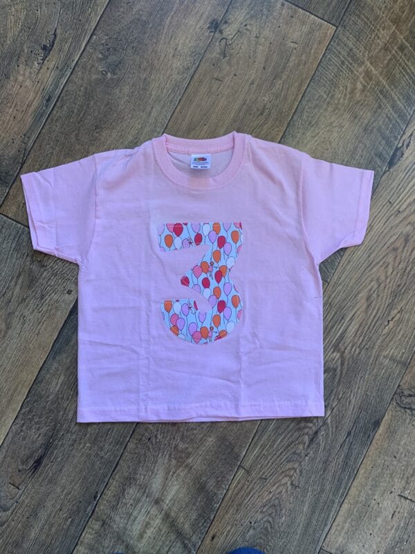 ON SALE Age 3 appliqué birthday t-shirt. Pink with colourful balloons print - main product image