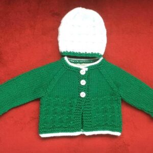 Hand knitted baby outfit in emerald green