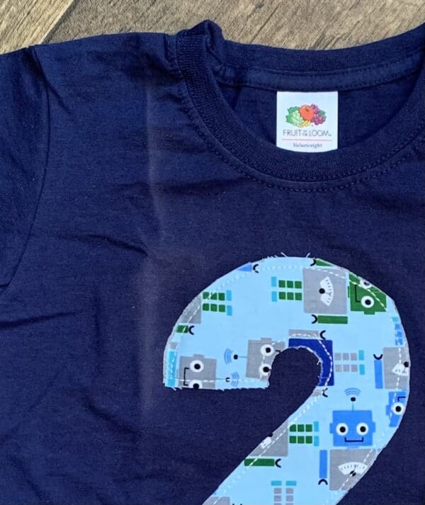 ON SALE Age 2 appliqué birthday t-shirt. Blue with robot print - product image 2