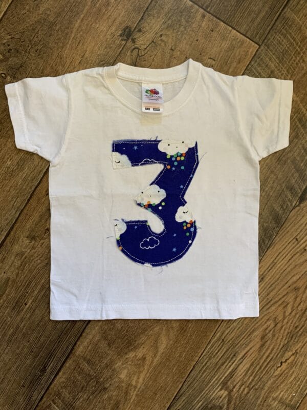 SUMMER OFFER Number 3 size 1-2 appliqué birthday t-shirt. White with rainbow clouds print. - main product image