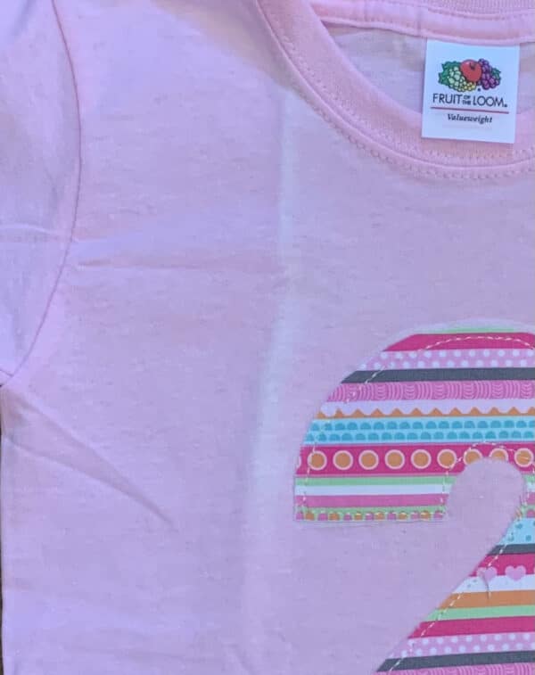 ON SALE Age 2 appliqué birthday t-shirt. Pink with decorative stripe print - product image 2