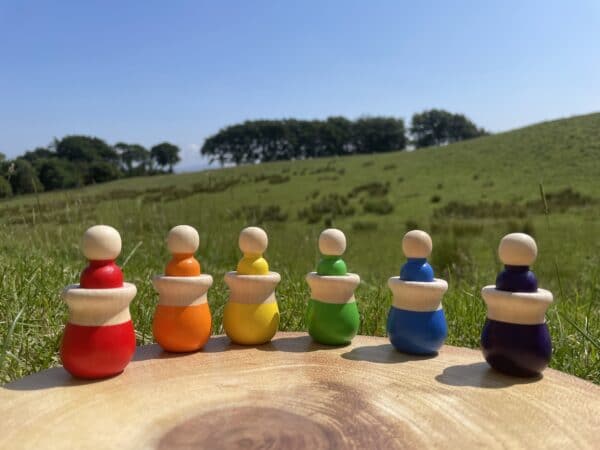 Hand painted wooden peg people with pots - main product image