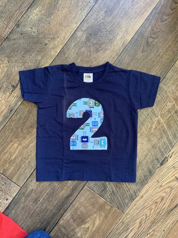 ON SALE Age 2 appliqué birthday t-shirt. Blue with robot print - main product image