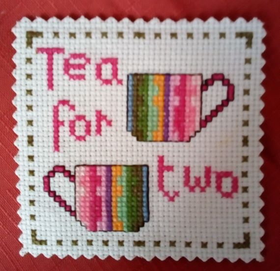 Tea for Two Rainbow Mugs Cross Stitch Fridge Magnet - main product image