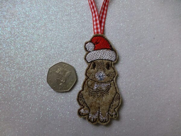 Christmas tree decoration – embroidered felt rabbit in Santa hat - product image 2