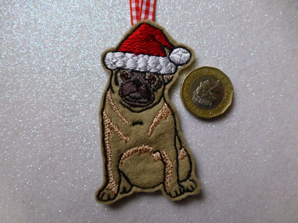 Pug in Santa hat hanging decoration