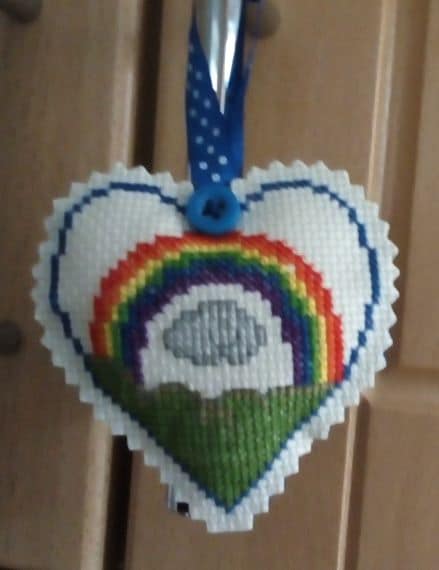 Rainbow with Smiley Cloud Pocket Hug or Hanging Heart – Cross Stitch - main product image