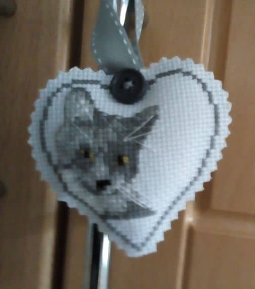 Grey Cat Hanging Heart or Pocket Hug – Cross Stitch - main product image