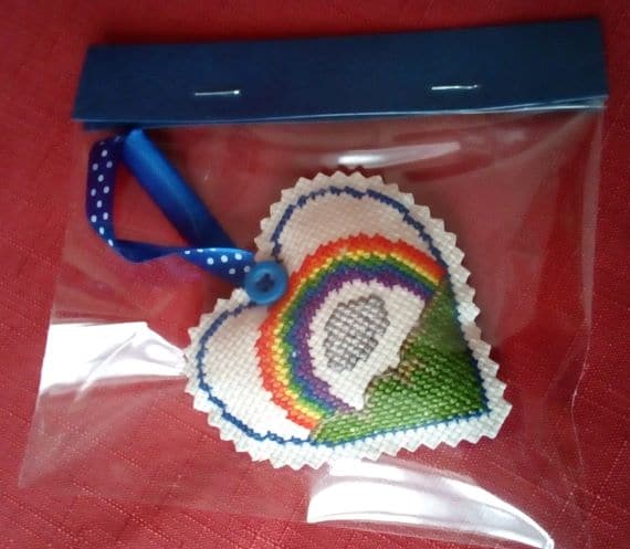 Rainbow with Smiley Cloud Pocket Hug or Hanging Heart – Cross Stitch - product image 4