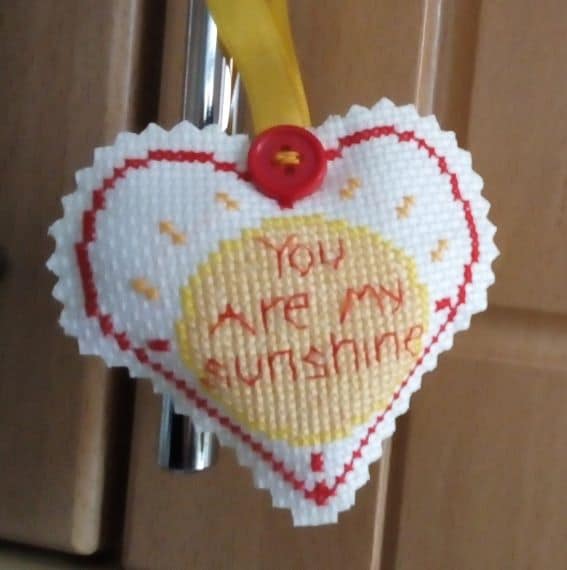 You Are My Sunshine – Hanging Heart, Pocket Hug – Cross Stitch Yellow Sun - main product image