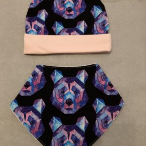0-3 month hat and bib set (purple geo bear): placeholder image (loading)
