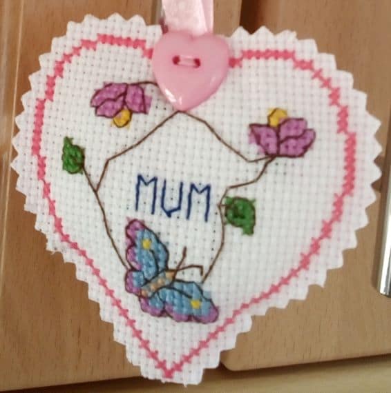 Hanging Heart Pocket Hug, Flowers and Butterflies – Mum- Cross Stitch - main product image