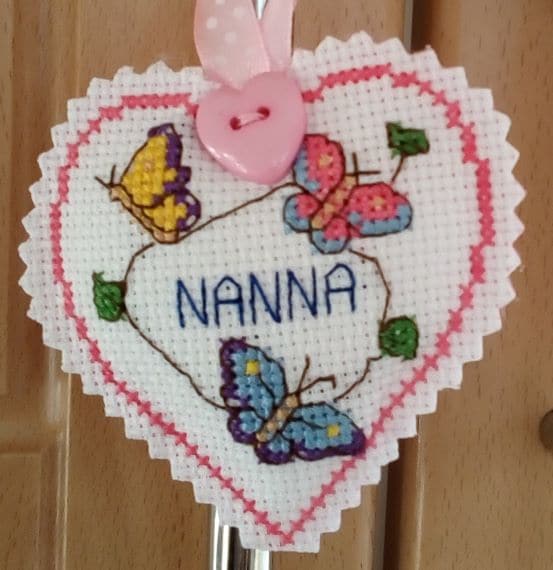 Hanging Heart Pocket Hug, Flowers and Butterflies – Nanna – Cross Stitch - main product image