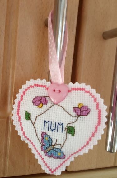 Hanging Heart Pocket Hug, Flowers and Butterflies – Mum- Cross Stitch - product image 2