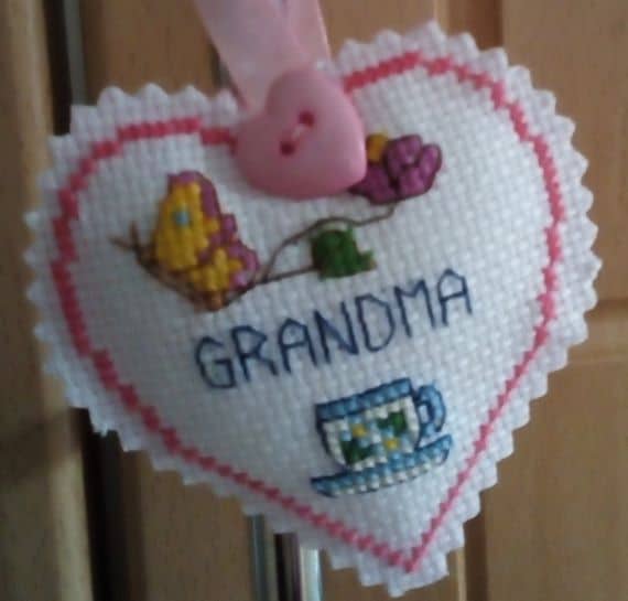 Hanging Heart Pocket Hug, Flowers and Butterflies – Grandma – Cross Stitch - main product image