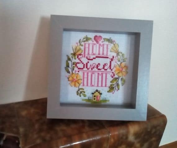 Home Sweet Home Cross Stitch Framed Picture – Grey Square Box Frame Housewarming New Home Gift - main product image