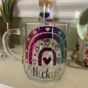 Personalised Glass Mug, Featuring Boho rainbow with hearts