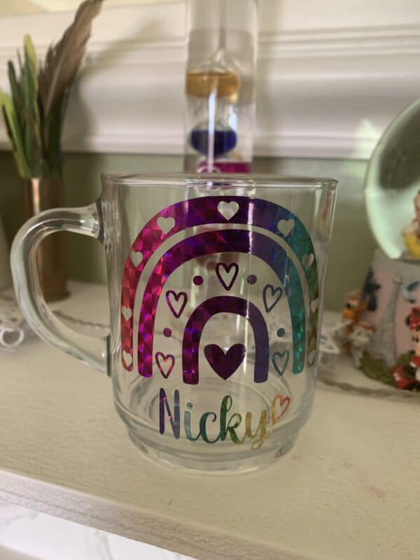 Personalised Glass Mug, Featuring Boho rainbow with hearts - main product image