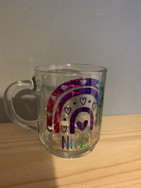 Personalised Glass Mug, Featuring Boho rainbow with hearts - product image 4