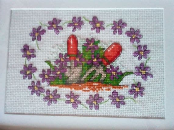 Garden Tools and Purple Flowers Cross Stitch Picture in White Frame – Gardening - product image 4