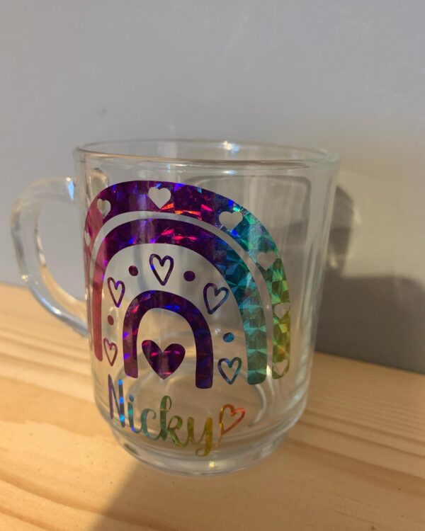 Personalised Glass Mug, Featuring Boho rainbow with hearts - product image 3