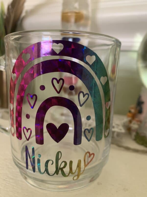 Personalised Glass Mug, Featuring Boho rainbow with hearts - product image 2