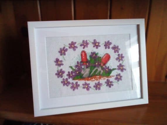 Garden Tools and Purple Flowers Cross Stitch Picture in White Frame – Gardening - main product image
