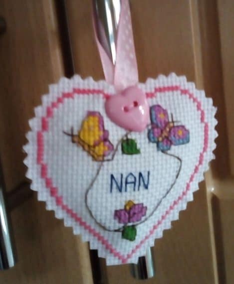 Hanging Heart Pocket Hug, Flowers and Butterflies – Nan – Cross Stitch - product image 2