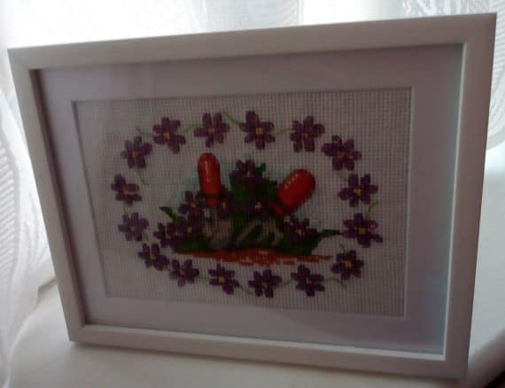 Garden Tools and Purple Flowers Cross Stitch Picture in White Frame – Gardening - product image 2