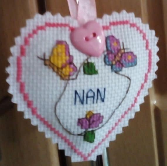 Hanging Heart Pocket Hug, Flowers and Butterflies – Nan – Cross Stitch - main product image