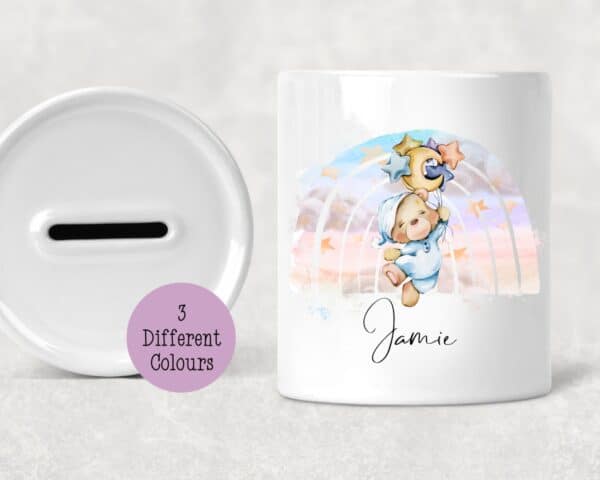 Personalised rainbow bear ceramic money box - main product image