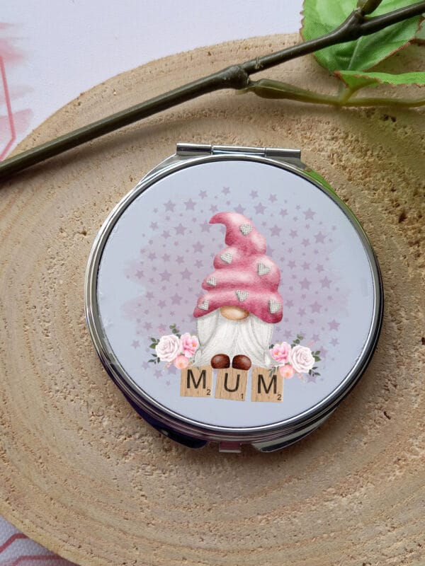 Mum gnome rose gold compact mirror, silver pocket mirror - product image 3