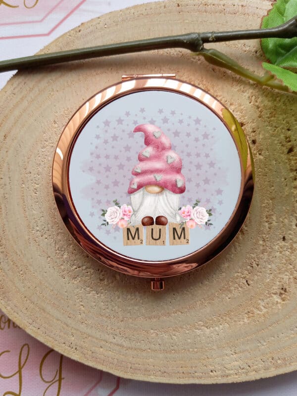 Mum gnome rose gold compact mirror, silver pocket mirror - product image 2