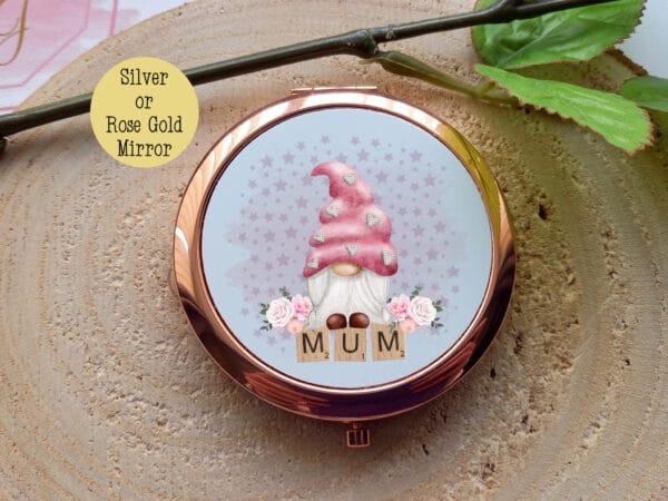 Mum gnome rose gold compact mirror, silver pocket mirror - main product image