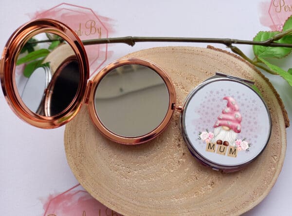 Mum gnome rose gold compact mirror, silver pocket mirror - product image 5