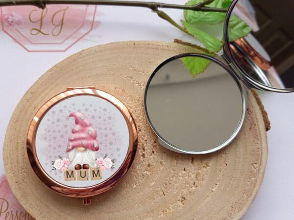 Mum gnome rose gold compact mirror, silver pocket mirror - product image 4