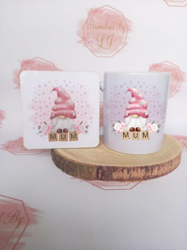 Mum mug and coaster set, mother’s day gift, pink mum gnome - main product image