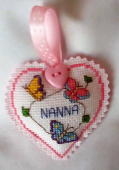 Hanging Heart Pocket Hug, Flowers and Butterflies – Nanna – Cross Stitch - product image 5