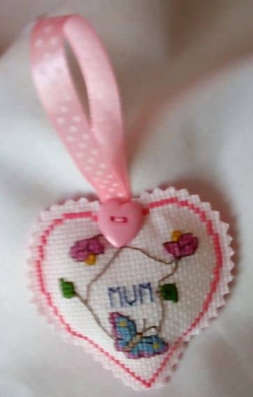 Hanging Heart Pocket Hug, Flowers and Butterflies – Mum- Cross Stitch - product image 5