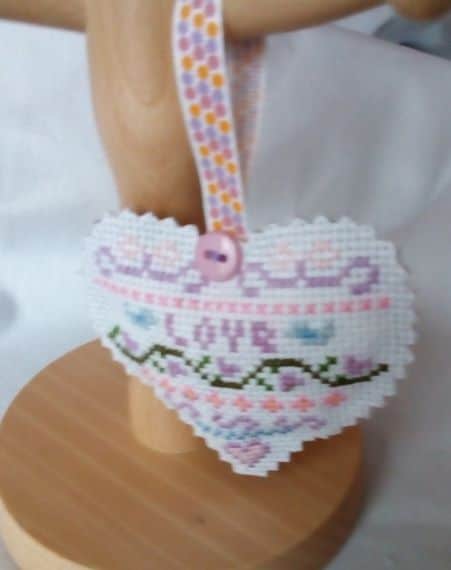 Love Sampler Style Cross Stitch Heart Purple – Hanging Heart, Pocket Hug, Love Hearts, Heart Gift - product image 3
