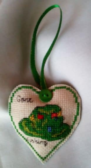 Gone Fishing Hat Cross Stitch Hanging Heart - product image 2