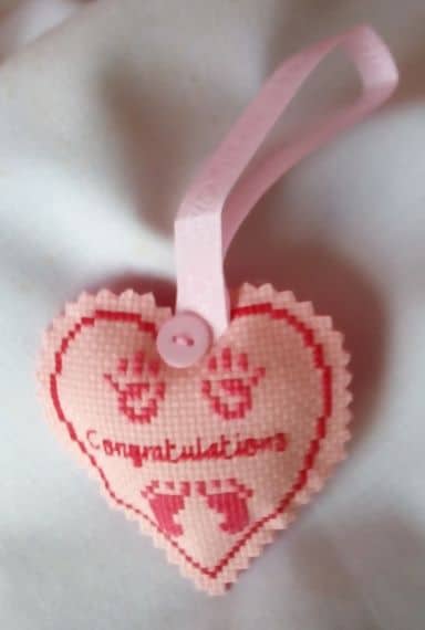 Congratulations New Baby Pink Cross Stitch Hanging Heart – Pocket Heart or Hug - main product image